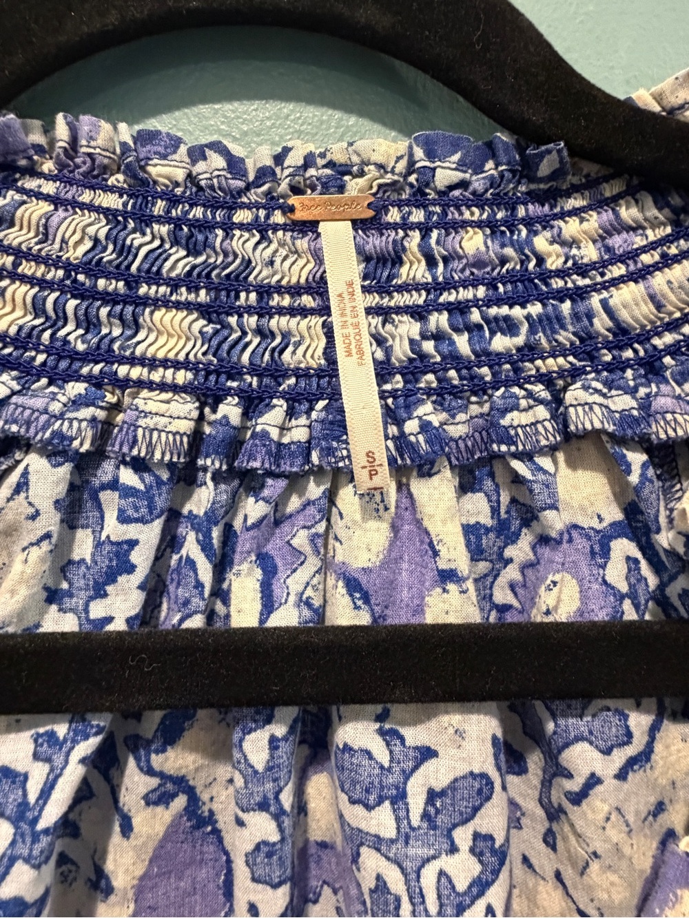 Free People Blue and Cream Floral Smocked-Neck Peasant Top - Picture 3 of 6
